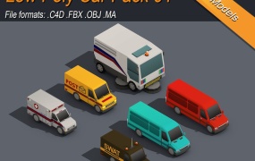 6个低多边形卡通汽车C4D模型C4D FBX OBJ MA/MB 有材质