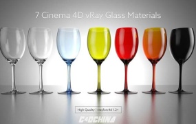 C4D模型 vray渲染器7套玻璃杯高脚杯材质预设模型