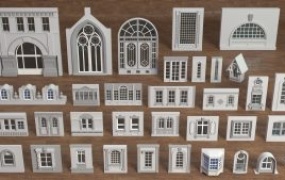 C4D/blender/fbx/obj建筑外墙欧式窗户门街道门店商铺模型3d素材
